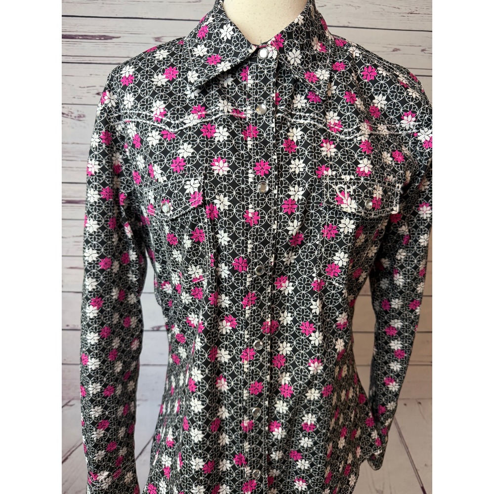 Cowgirl Hardware Western Shirt Medium Floral Rhinestone Snap Womens Blouse Rodeo
